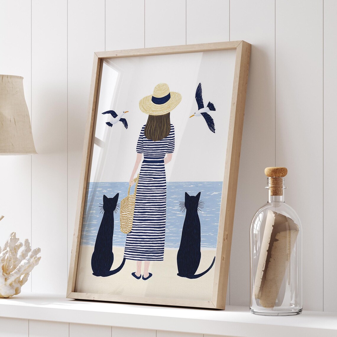 Woman With Two Black Cats On Beach Nautical Art Coastal Home Decor Poster - Image 5