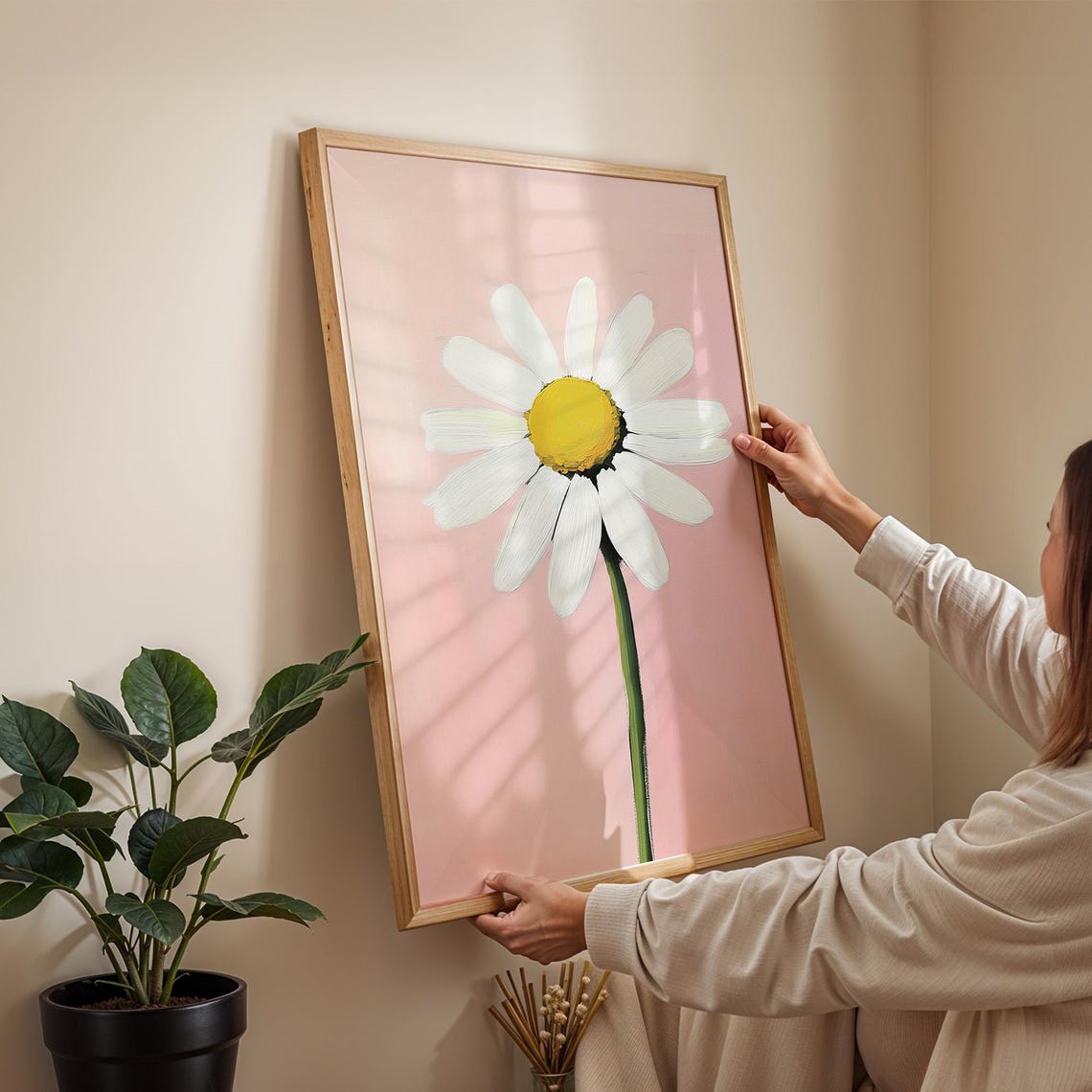 White Daisy Flower On Blush Pink Painterly Botanical Art Poster - Image 2