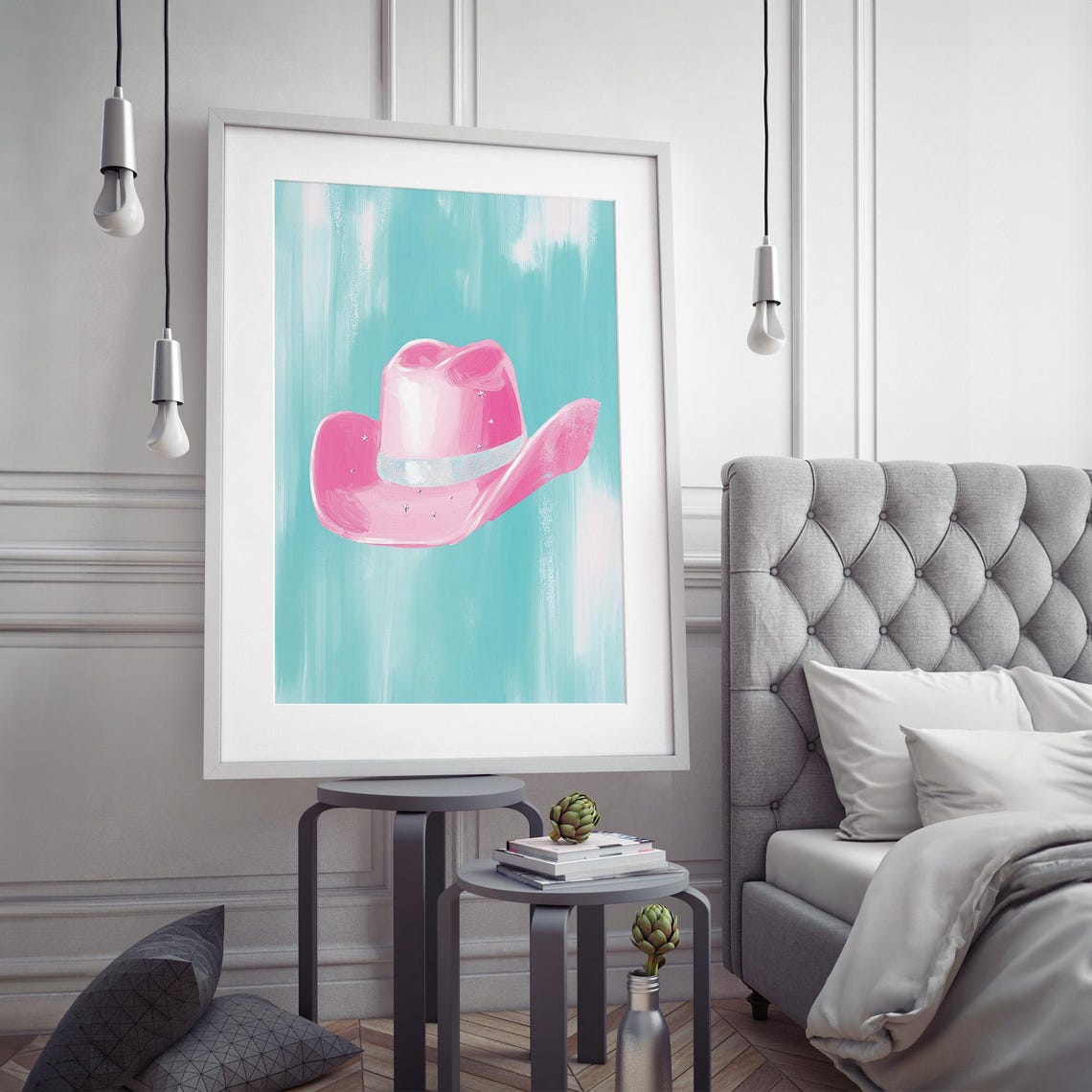 Pink Cowboy Hat Pop Art Poster on Turquoise Modern Western Decor - Image 4