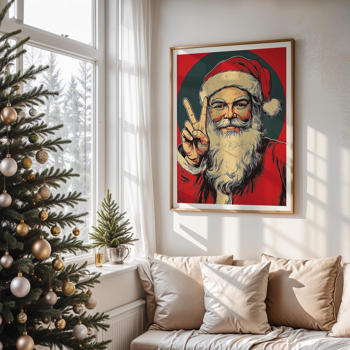 Retro Santa Claus Peace Sign Vintage Red Green Circle Christmas Poster - Image 5
