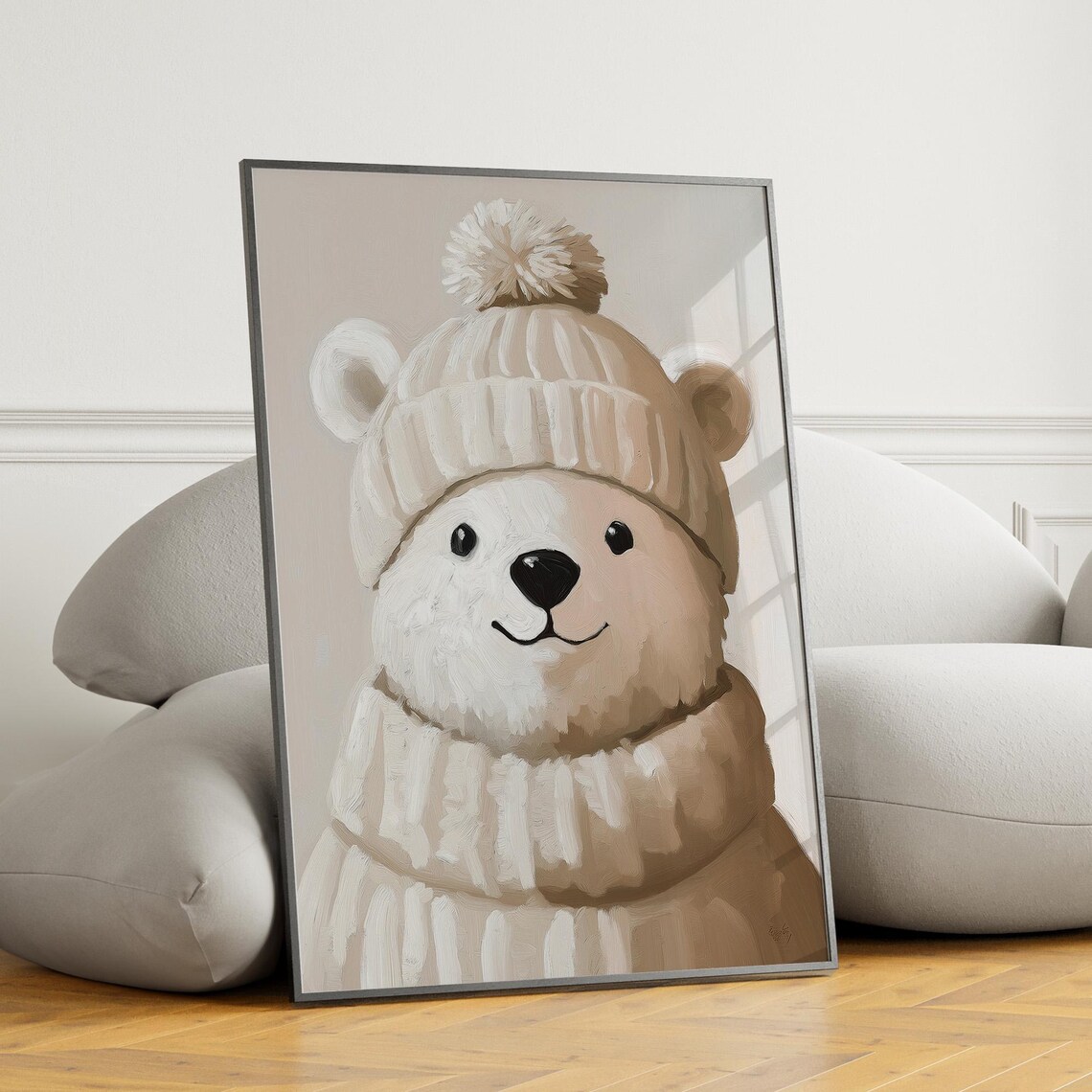 Cute Polar Bear In Cream Knit Hat Winter Animal Nursery Wall Decor Poster - Image 4