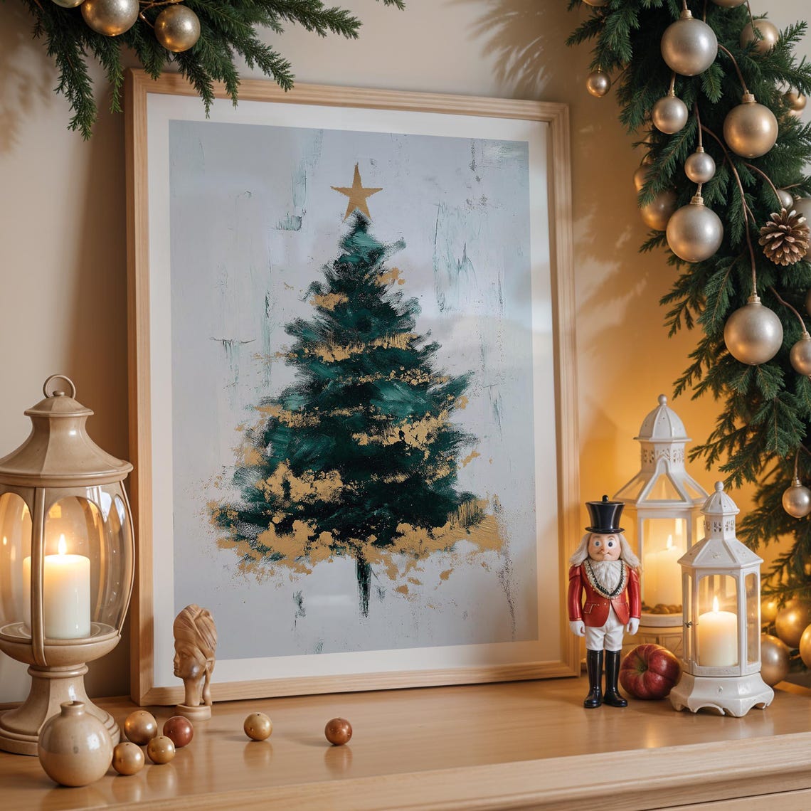 Minimalist Abstract Christmas Tree Gold Star Modern Xmas Art Poster - Image 3