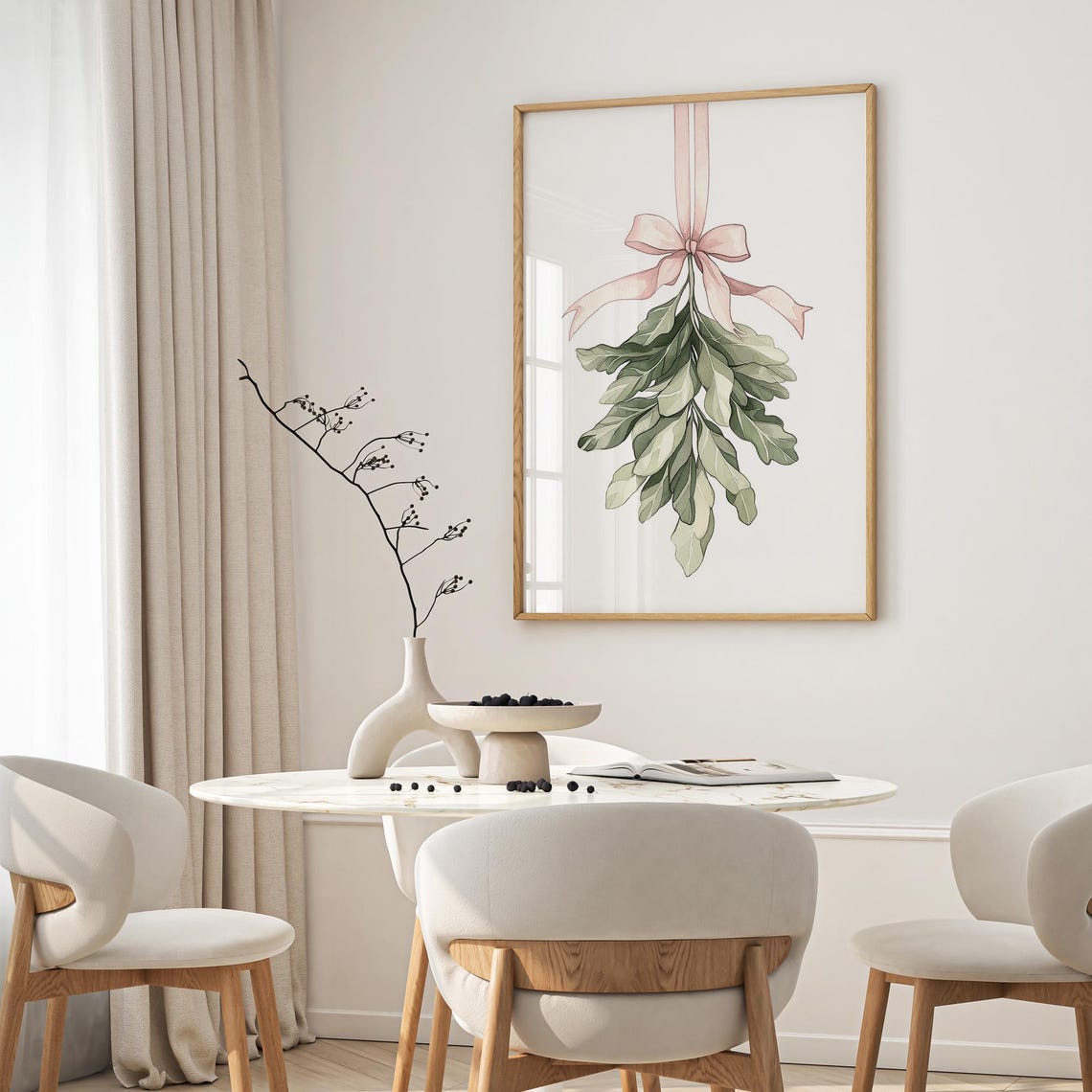 Mistletoe Watercolor Christmas Poster with Pink Bow Holiday Decor - Image 3