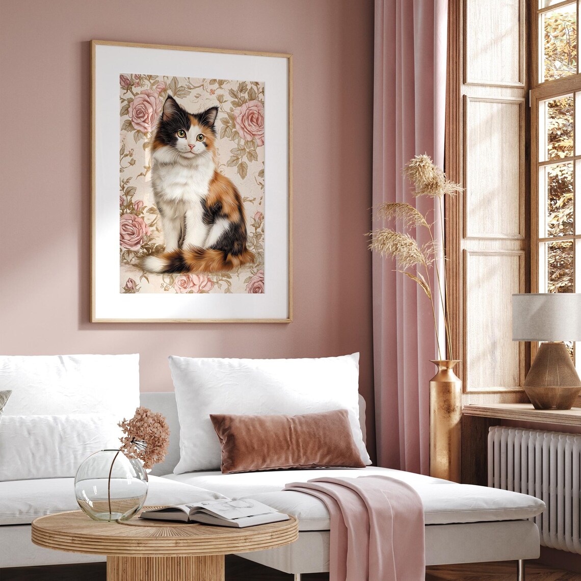 Calico Cat Front Sitting Roses Floral Vintage Portrait Nursery Wall Art - Image 5