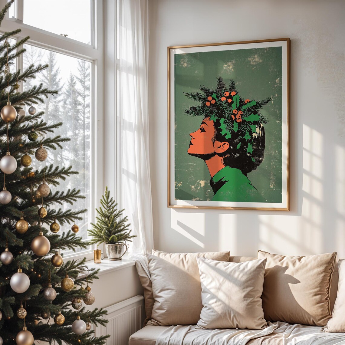 Woman Profile Holly Berry Crown Retro Sage Green Christmas Wall Art - Image 5