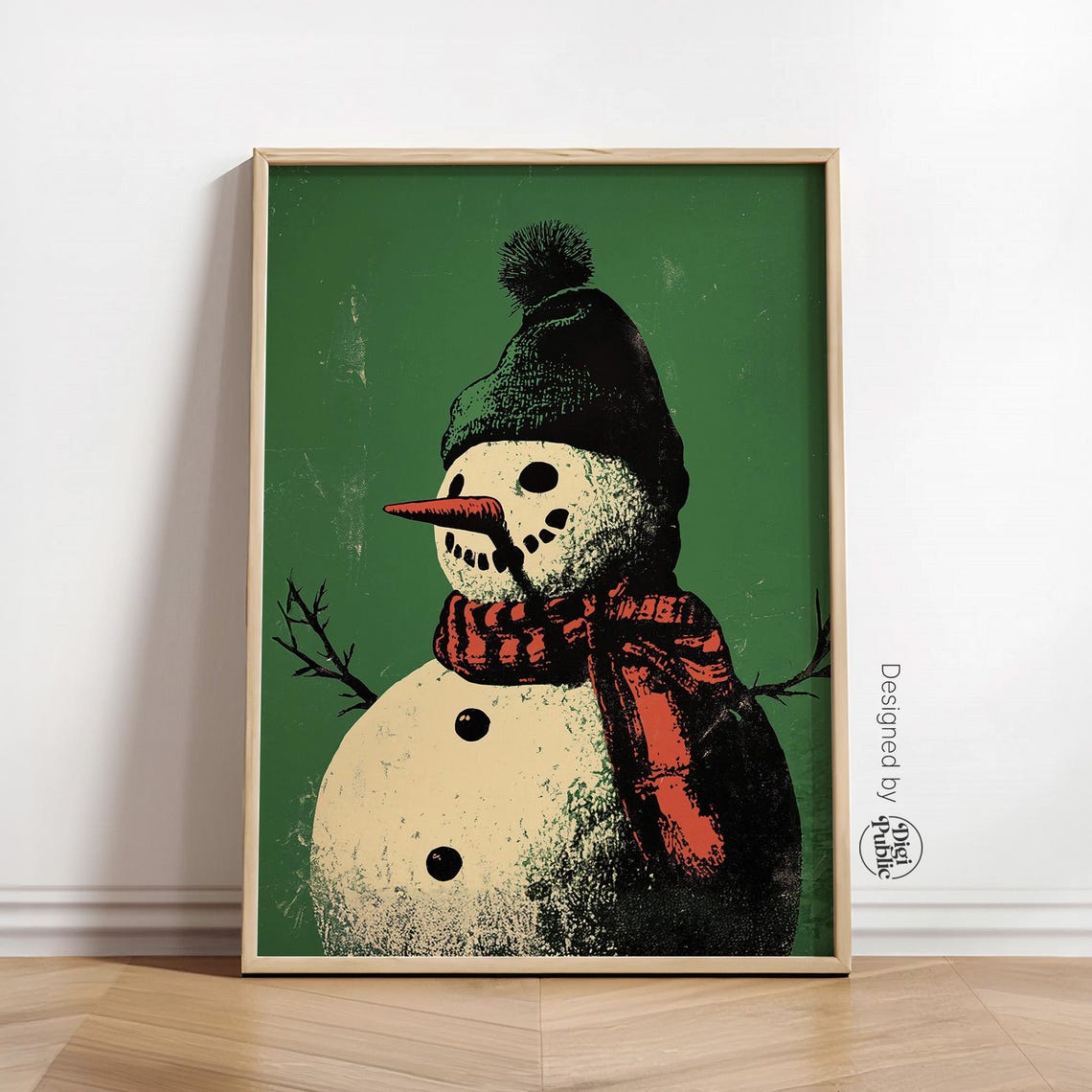 Retro Snowman Knit Hat Red Scarf Green Halftone Christmas Wall Art