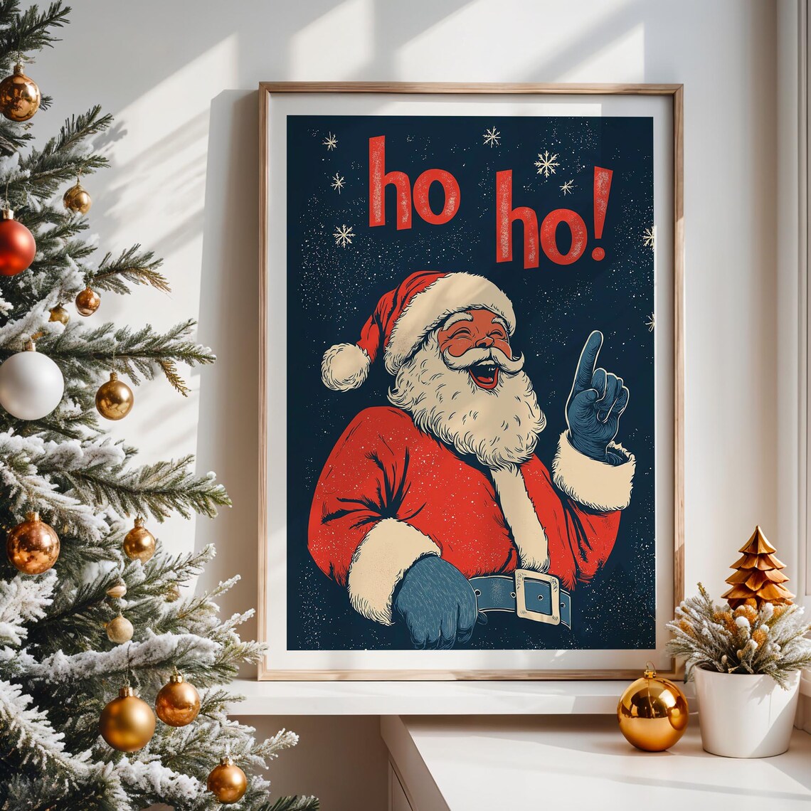 Retro Laughing Santa Claus Ho Ho Ho Vintage Christmas Night Sky Poster - Image 5