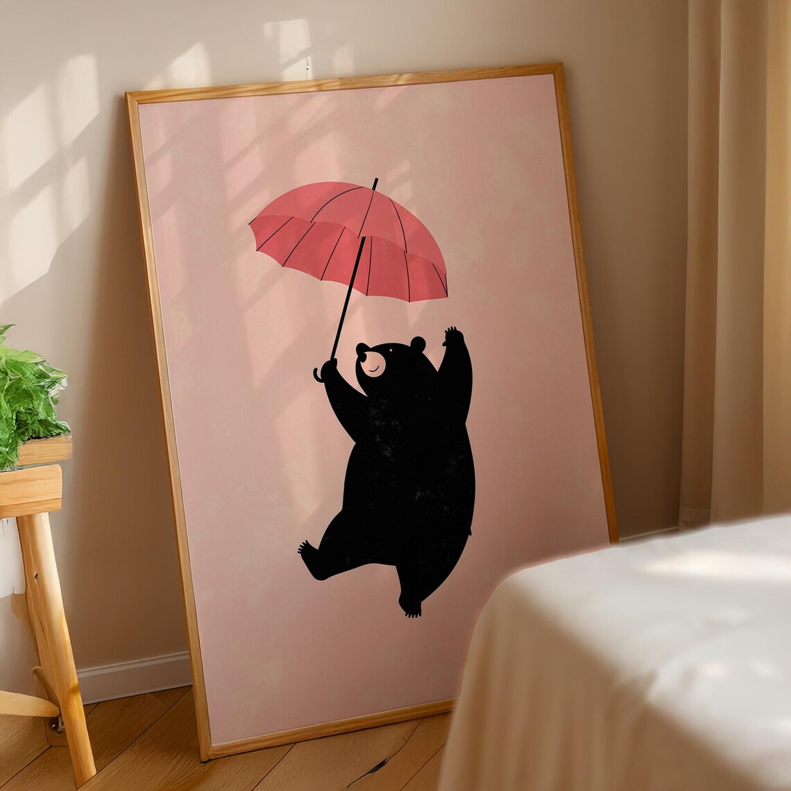 Black Bear Floating With Pink Umbrella Whimsy Art Nursery Room Decor Poster - Image 3