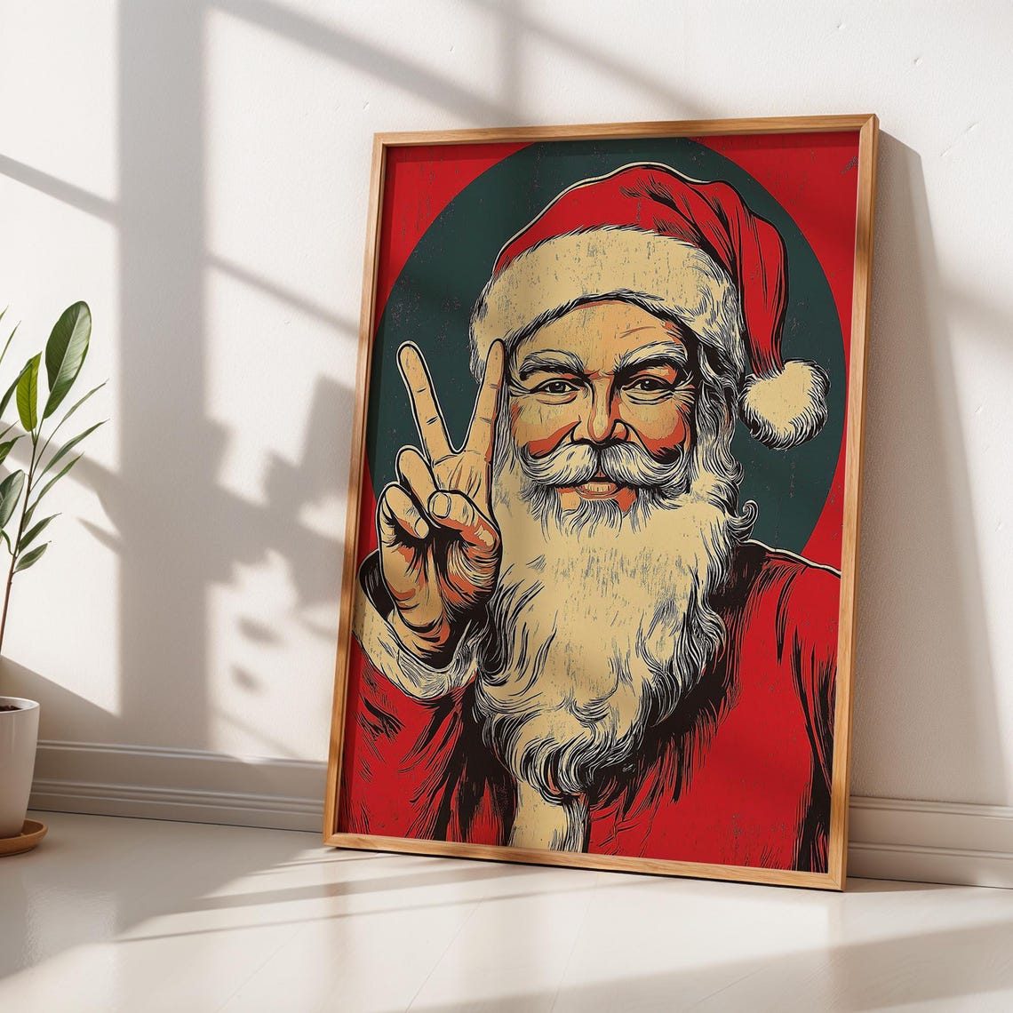 Retro Santa Claus Peace Sign Vintage Red Green Circle Christmas Poster - Image 2
