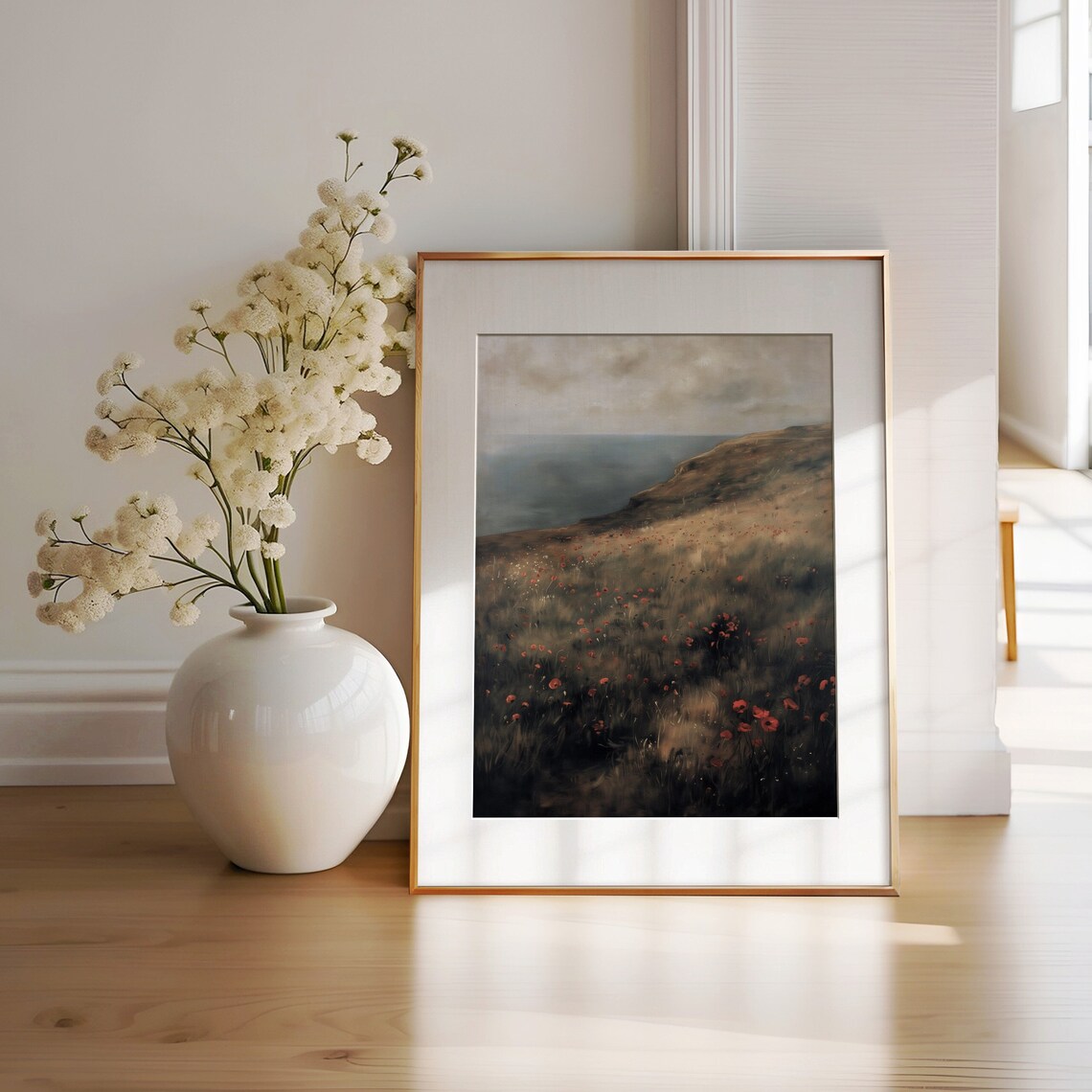 Coastal Meadow Poppy Field Overlooking the Sea Moody Wildflower Poster