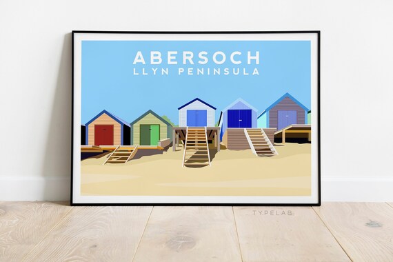 Abersoch Beach Hut Illustration, North Wales Travel Poster