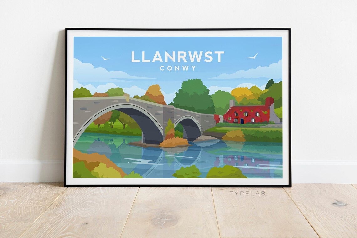 Llanrwst North Wales Travel Poster, Bridge Illustration