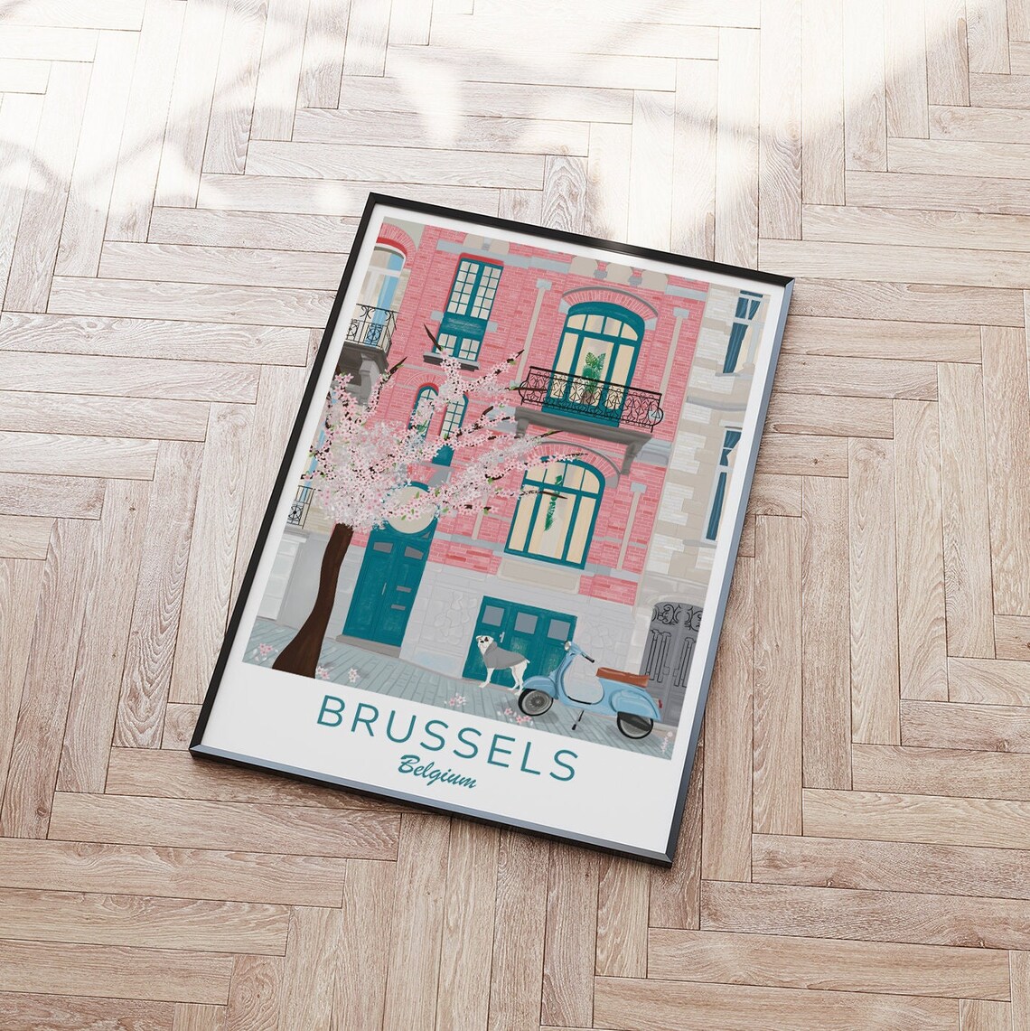 Brussels Belgium Pink Brick Townhouse Cherry Blossom Blue Scooter Poster - Image 3