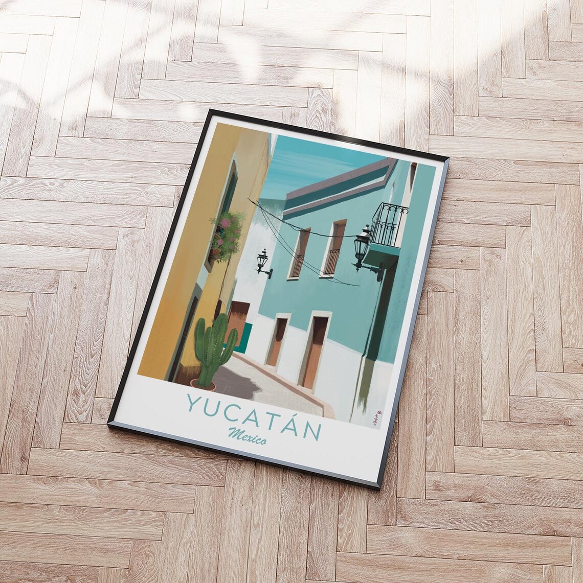 Yucatan Mexico Colorful Colonial Alley Cactus Turquoise Walls Poster - Image 2
