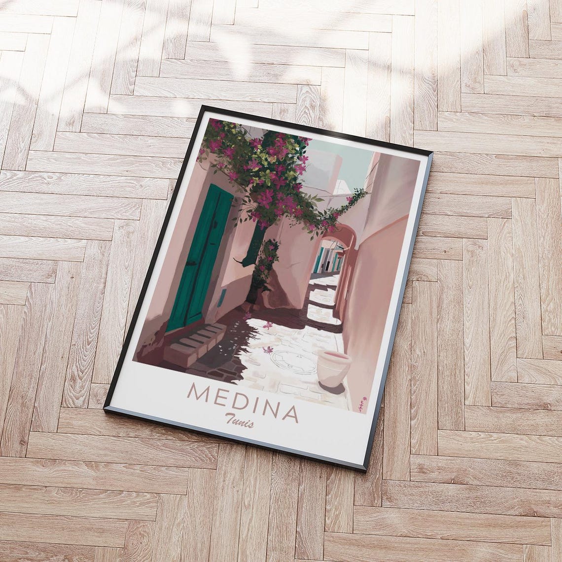 Medina Tunis Bougainvillea Alley Teal Door Whitewashed Walls Poster - Image 2