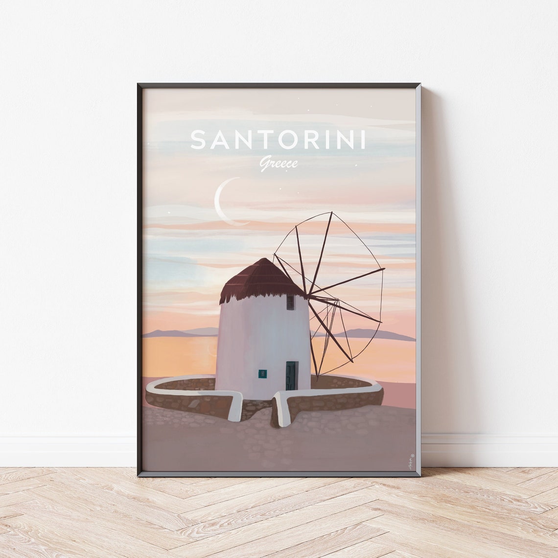 Santorini Greece Sunset Windmill Crescent Moon Travel Poster - Image 4