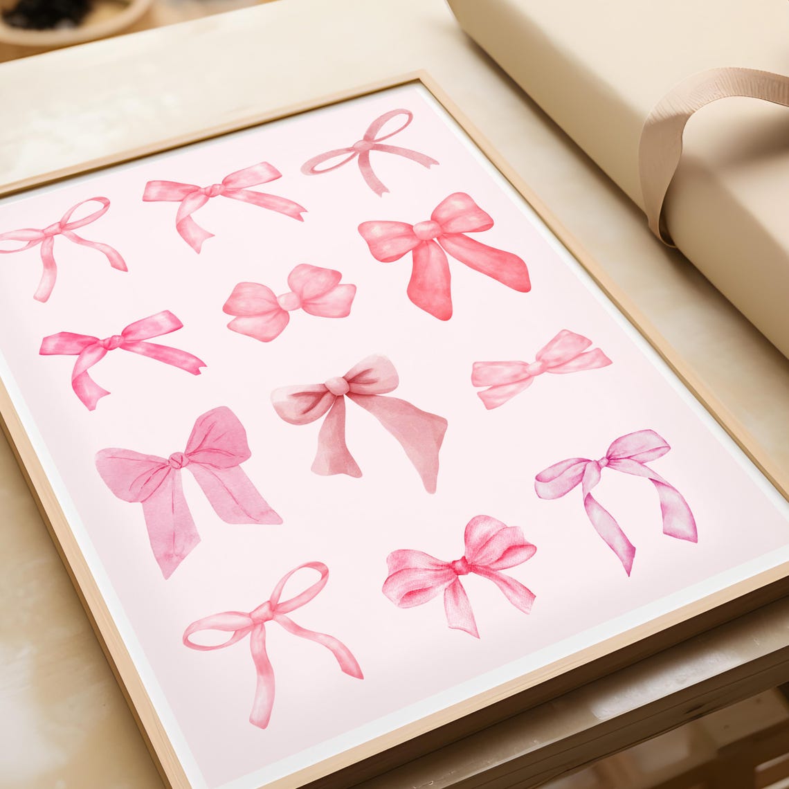 Hand Painted Twelve Pink Watercolor Bows Coquette Bedroom Poster - Image 3
