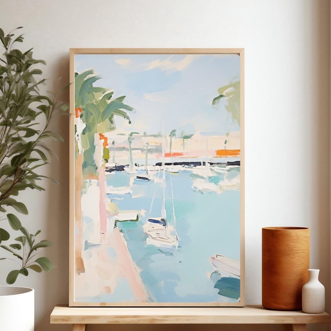 Mediterranean Marina Boats Pastel Harbor Painting Sunny Art Poster