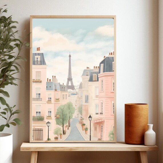 Paris Street With Eiffel Tower Pastel Pink Buildings Travel Poster