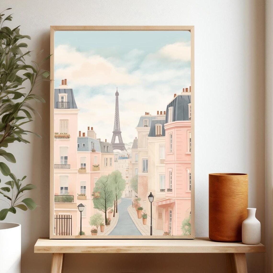 Paris Street With Eiffel Tower Pastel Pink Buildings Travel Poster