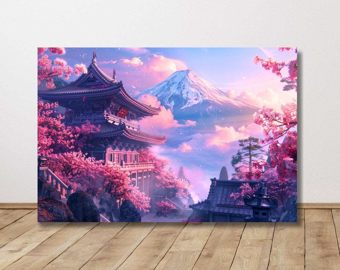 Cherry Blossom Japanese Shrine Mount Fuji Art Print