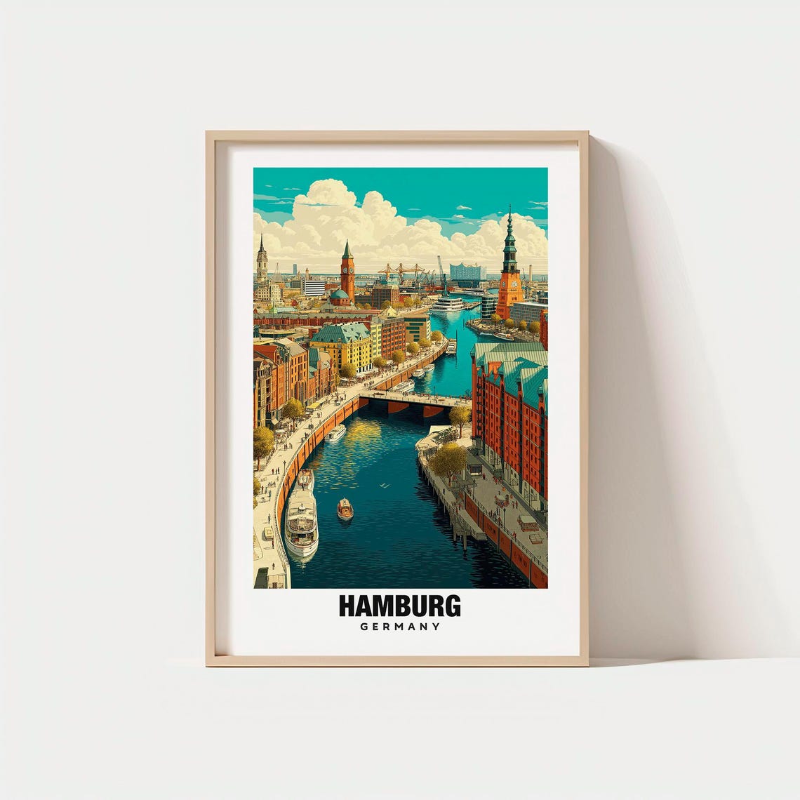 Hamburg Germany Harbor Warehouses Canals Vintage Travel Poster