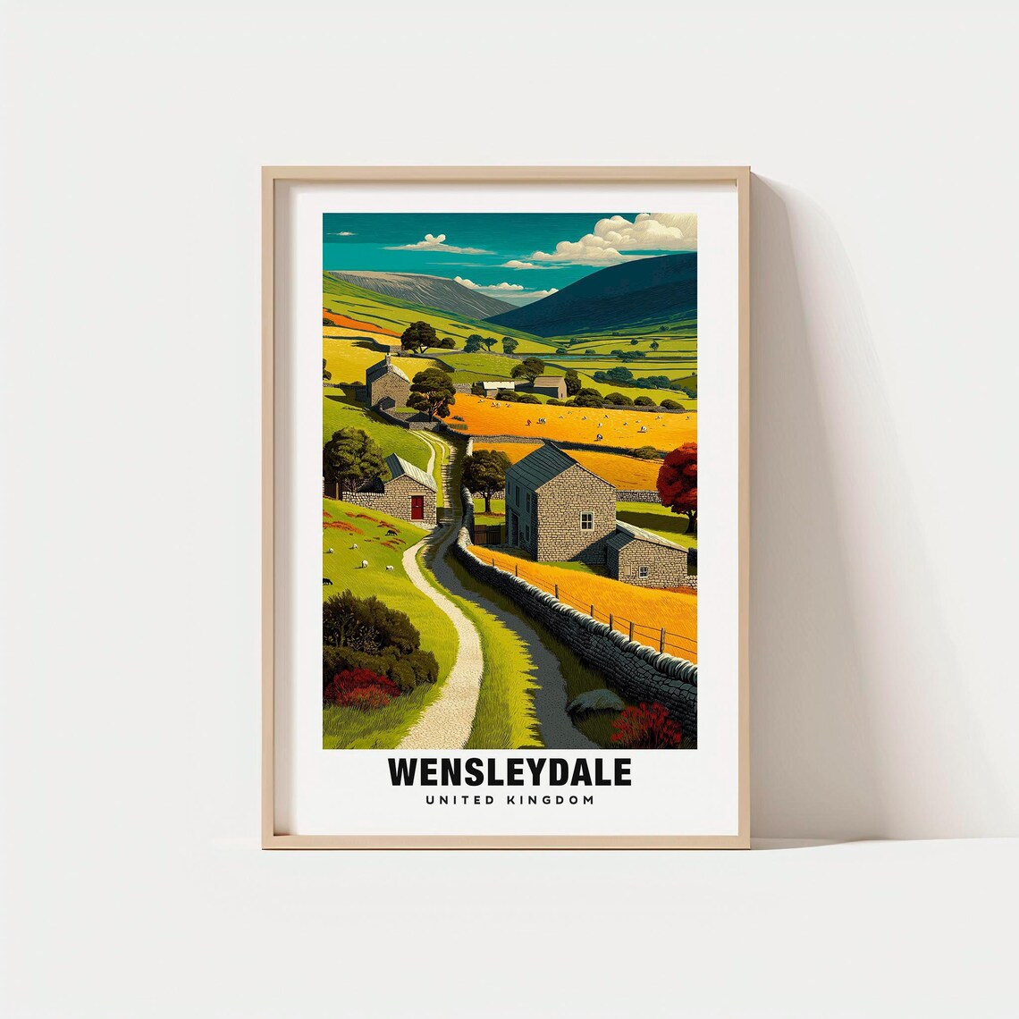 Wensleydale UK Stone Farm Countryside Sheep Hills Travel Poster