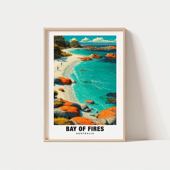 Bay Of Fires Print Tasmania Poster Coastal Views Travel Art Ocean Scene Scenic Beauty Orange Rocks Seaside Escape Tasmanian Charm