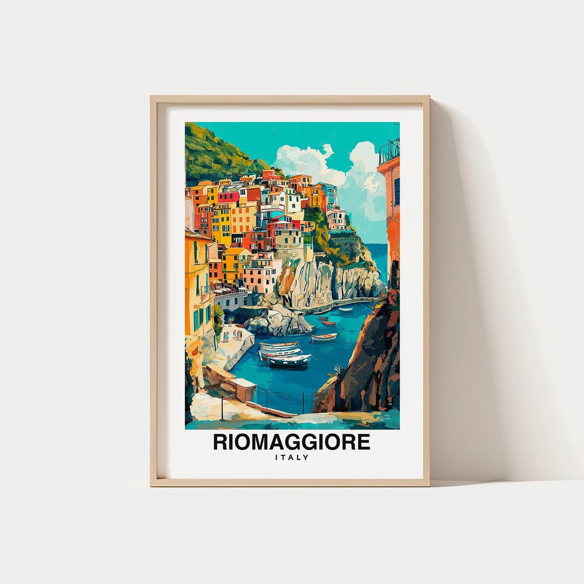 Riomaggiore Print Travel Poster Italian Art Cinque Terre Coastal Views Colorful Houses Scenic Landscapes Historic Village
