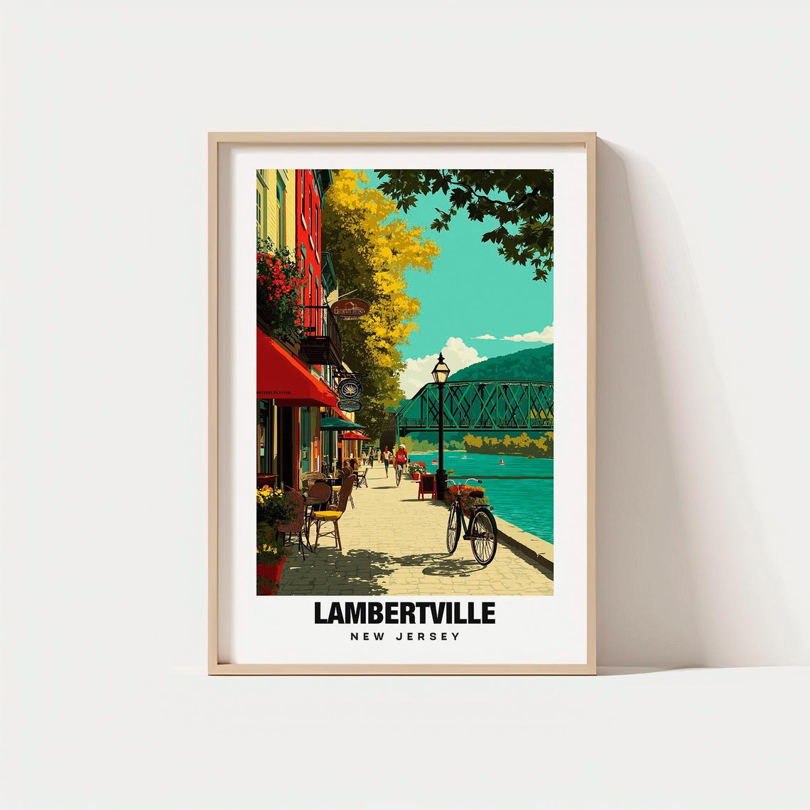 Lambertville New Jersey Riverfront Cafes Bicycle Bridge Vintage Poster