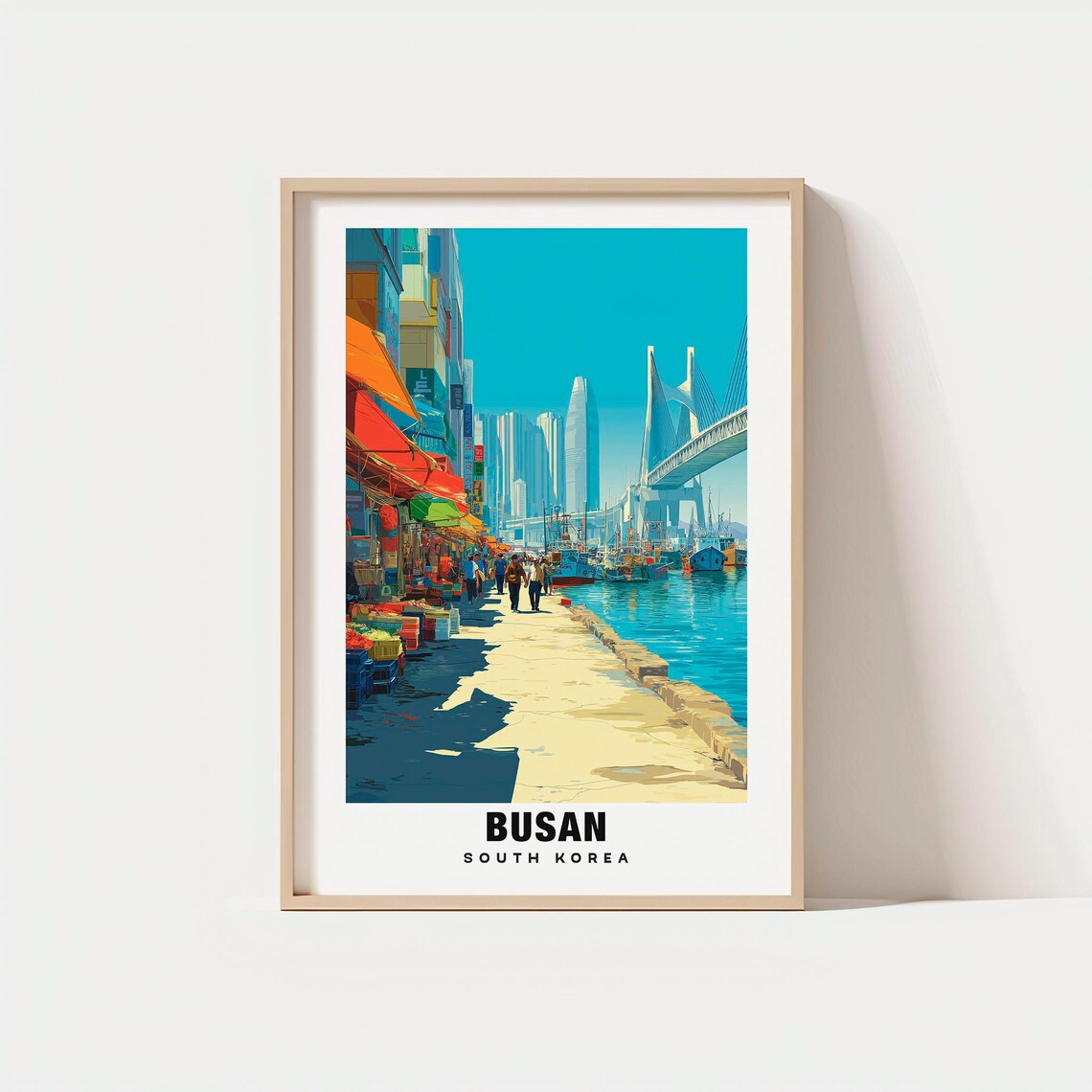 Busan South Korea Harbor Market Bridge Vintage Travel Poster
