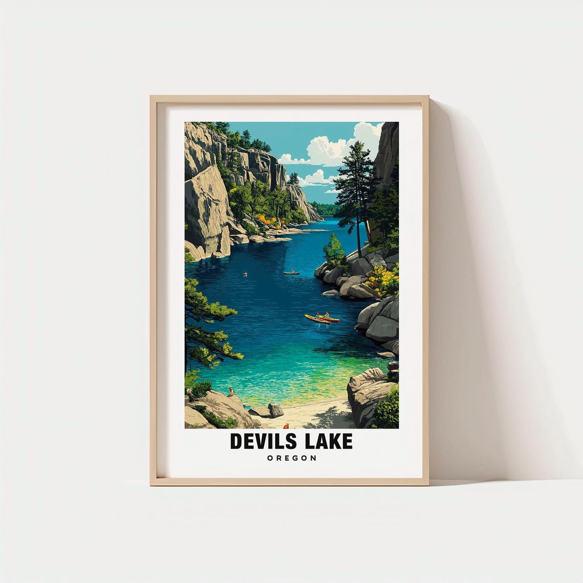 Devils Lake Oregon Rocky Inlet Kayaks Turquoise Water Poster
