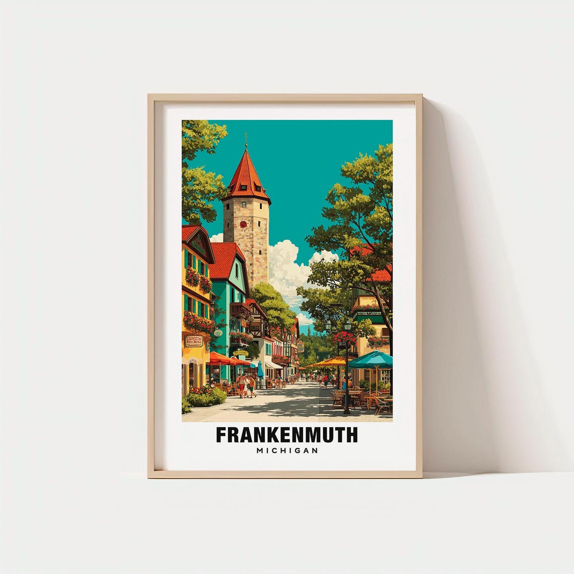 Frankenmuth Michigan Bavarian Village Clock Tower Street Travel Poster