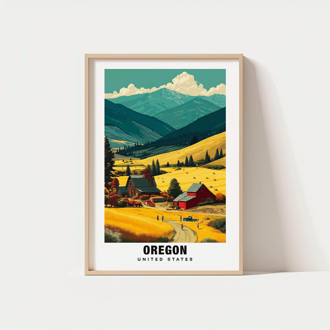 Oregon Golden Farm Valley Red Barns Mountain Peaks Travel Poster