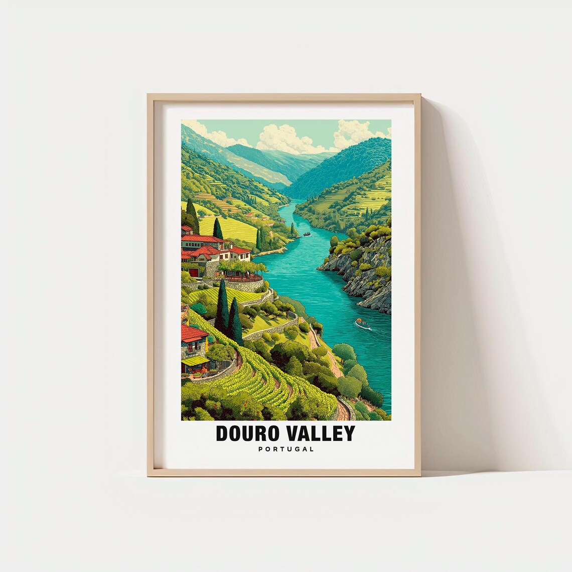 Douro Valley Portugal Travel Poster Terraced Vineyards River Hills View Art