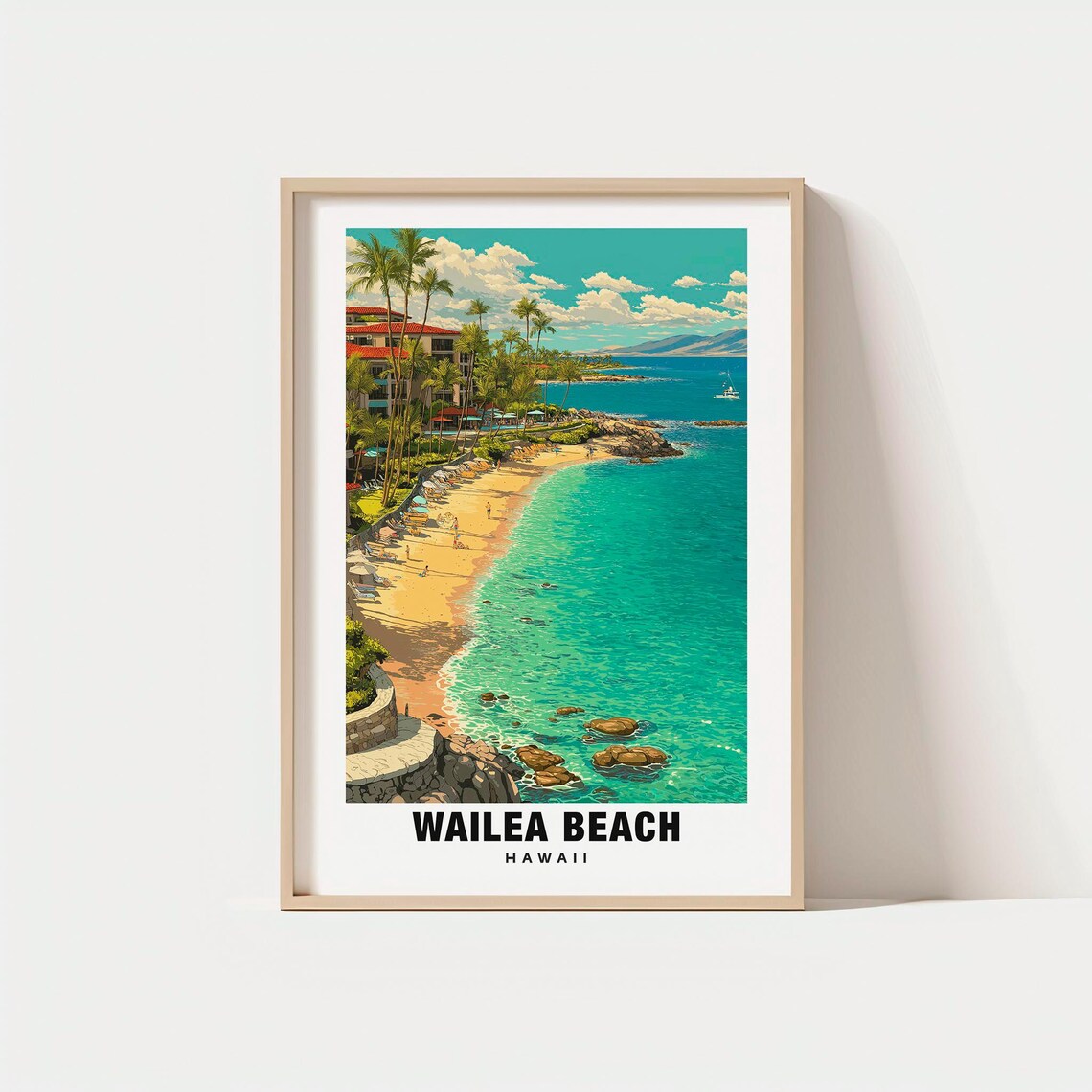 Wailea Beach Hawaii Palm Lined Resort Shore Lava Rocks Travel Poster