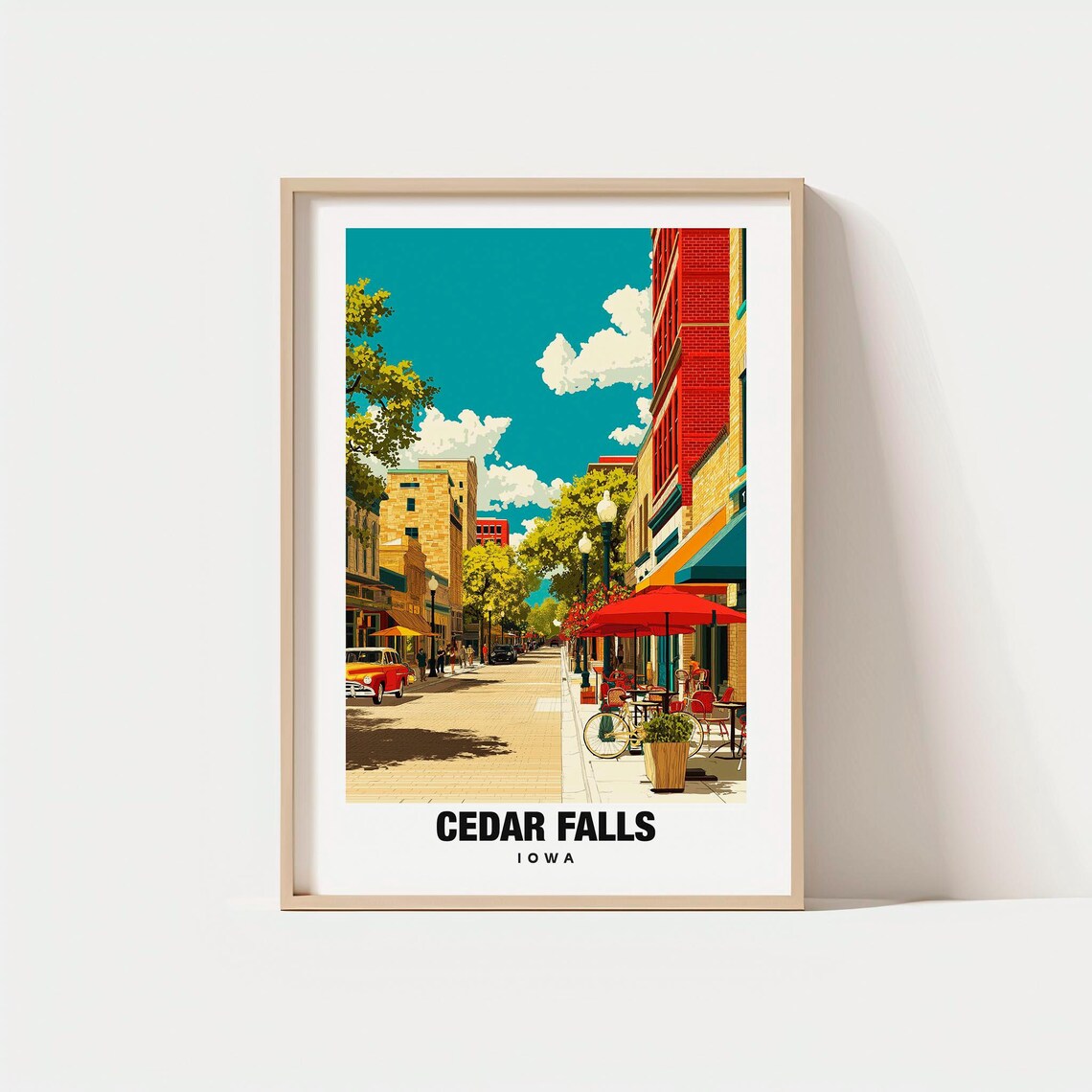 Cedar Falls Iowa Main Street Cafes Vintage Car Travel Poster