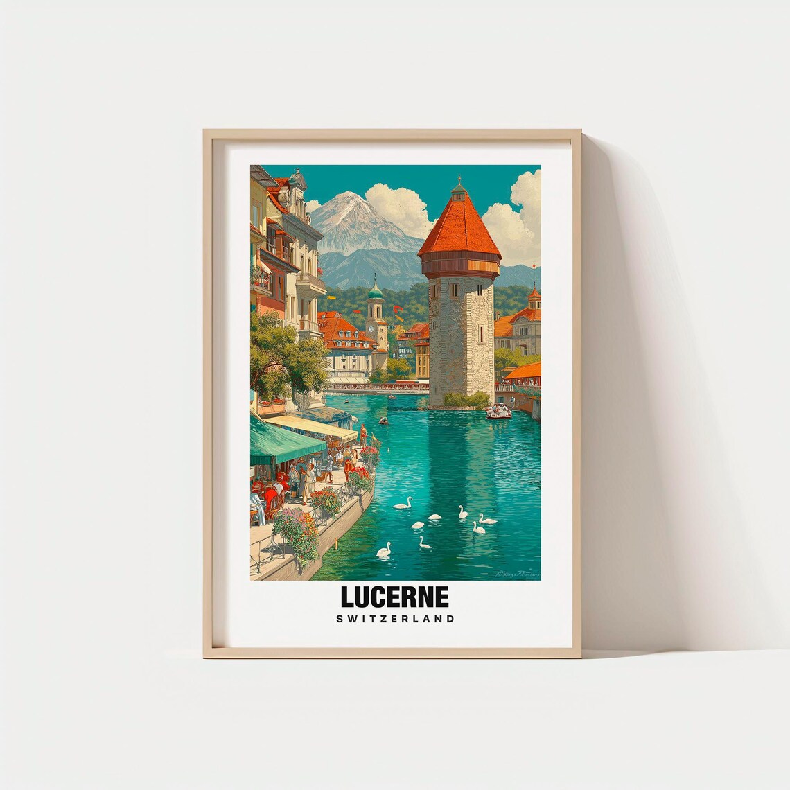 Lucerne Switzerland Chapel Bridge Tower Swans Retro Travel Poster