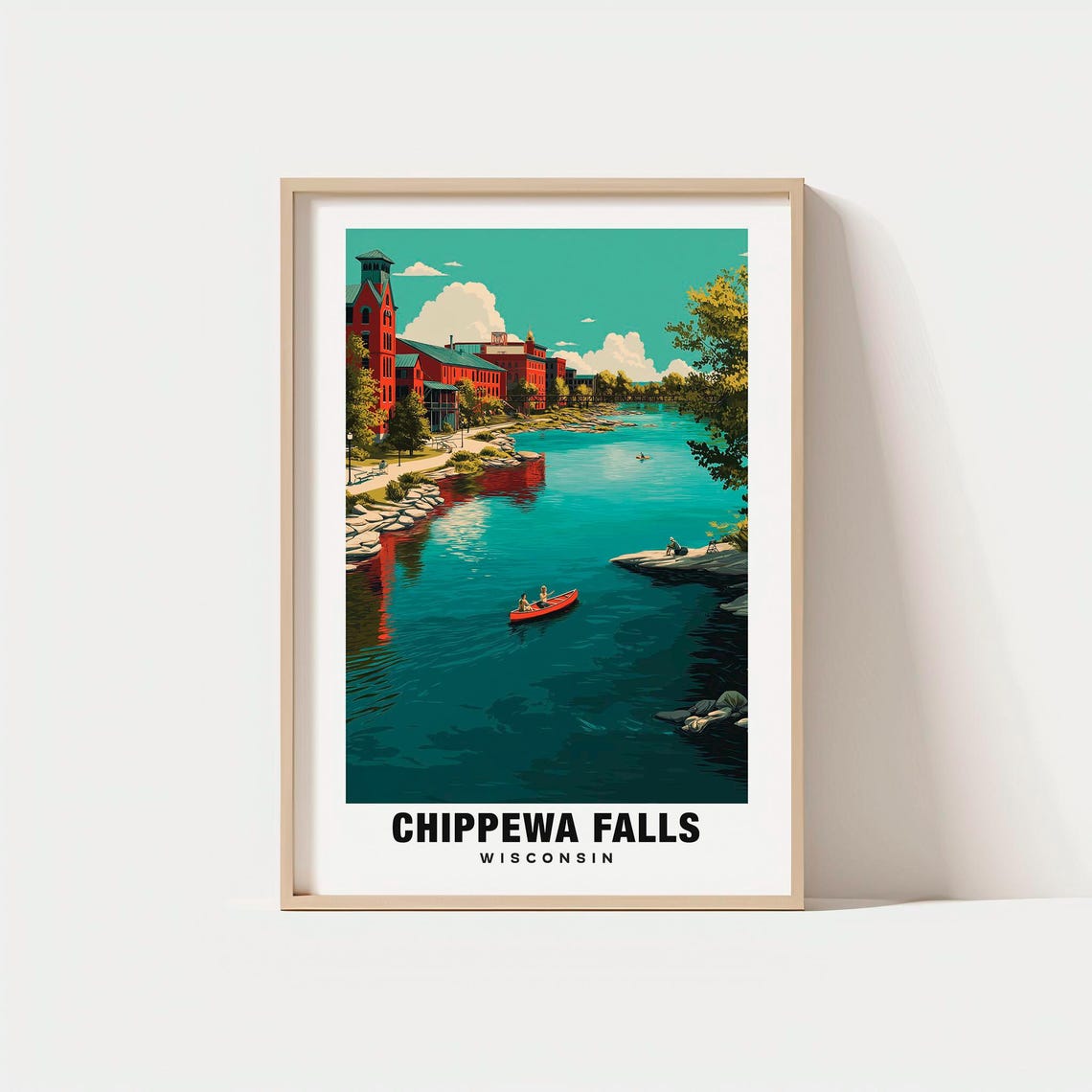 Chippewa Falls Wisconsin River Canoe Brick Mill Buildings Poster