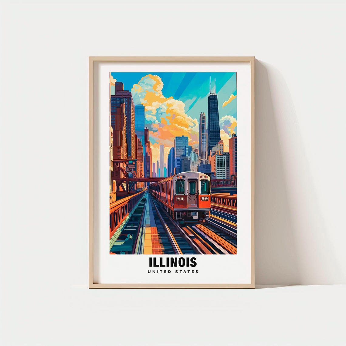 Illinois Chicago Elevated Train Skyline Cityscape Sunset Poster