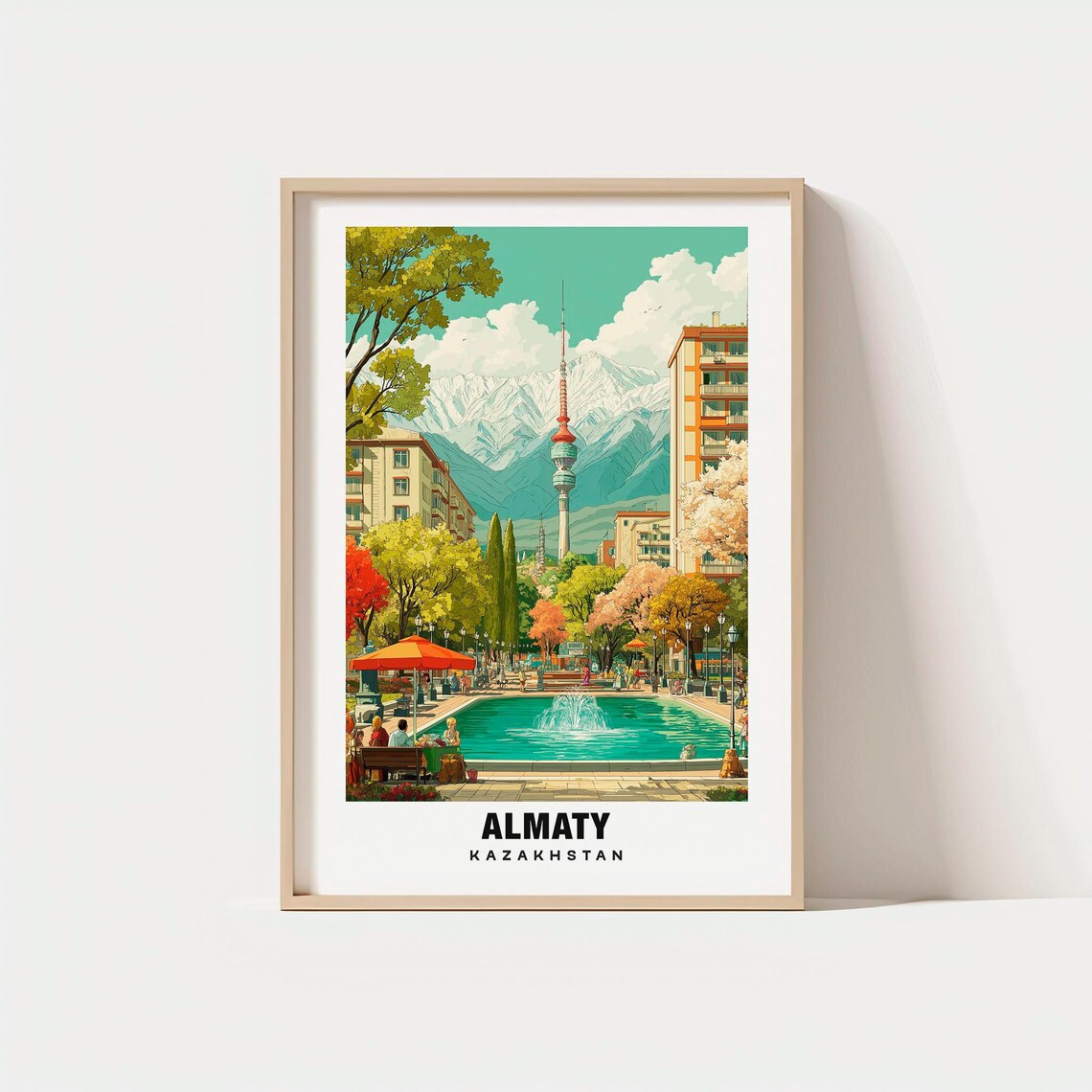 Almaty Kazakhstan City Park Fountain Snowy Mountains Travel Poster