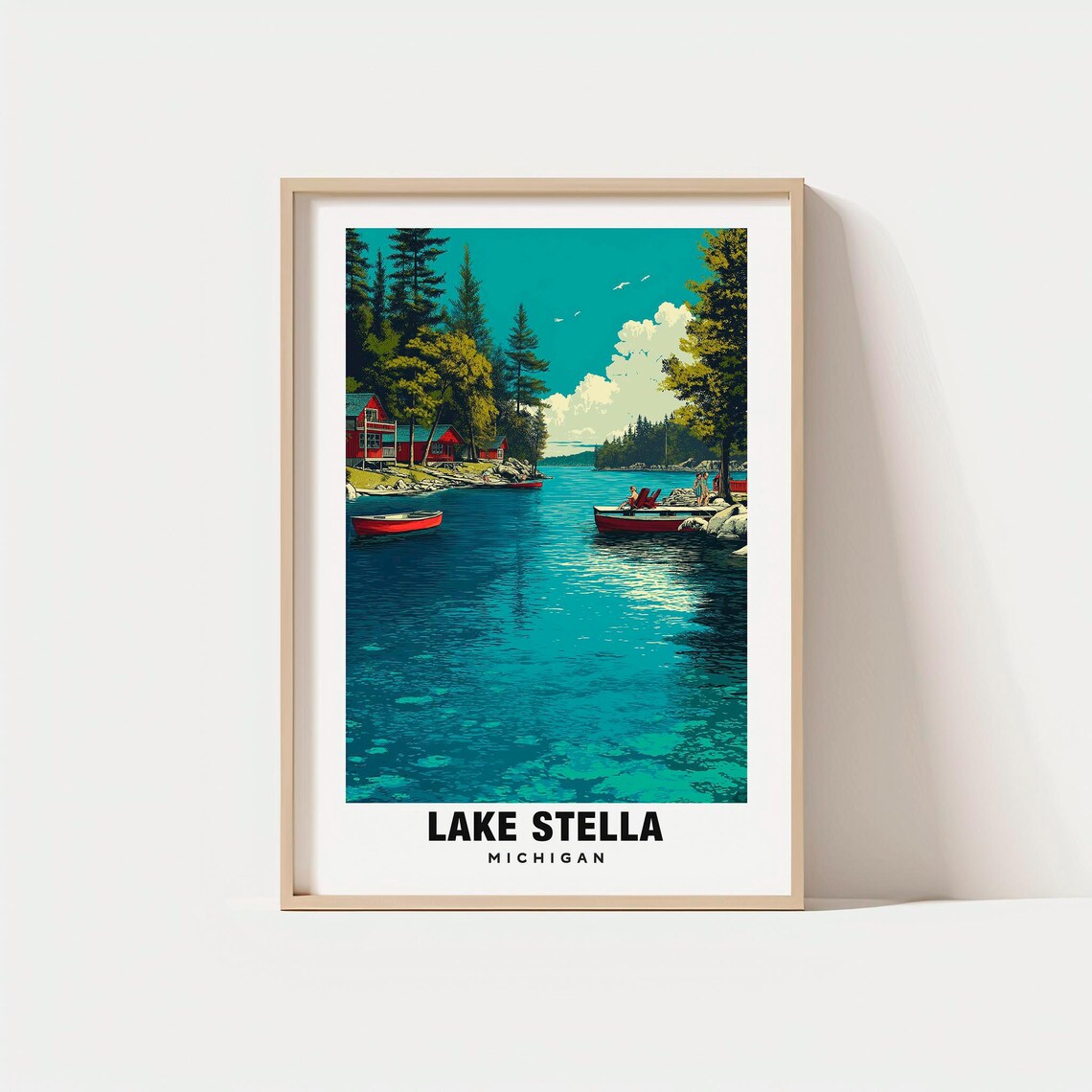 Lake Stella Michigan Red Boats Lakeside Cabin Crystal Water Poster