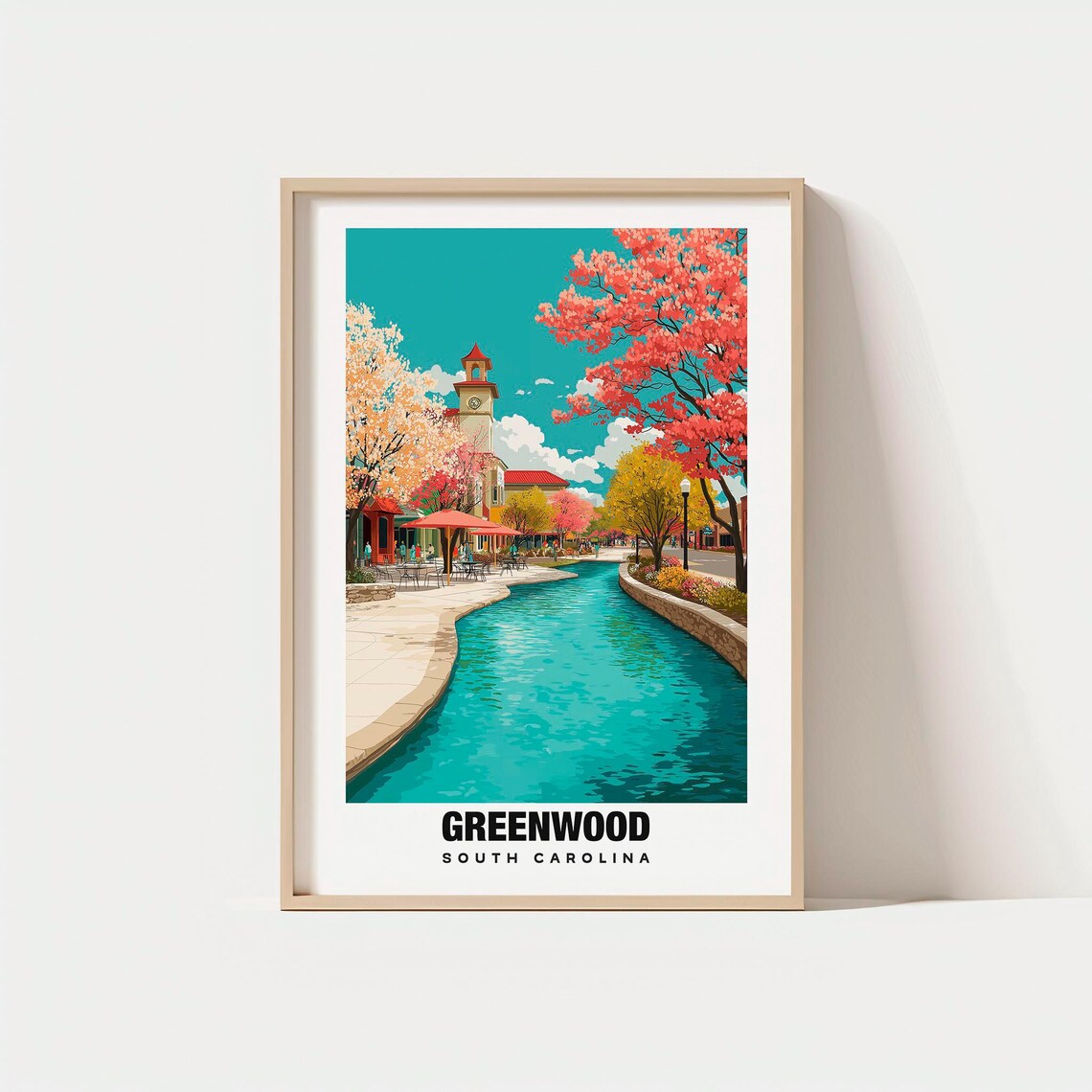 Greenwood South Carolina Canal Walk Blooming Trees Clock Tower Poster