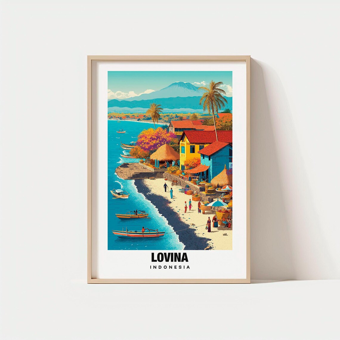Exotic Lovina Indonesia Bali Beach Boats Mountain Travel Poster