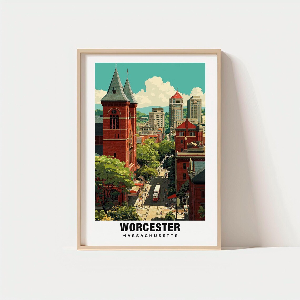 Worcester Massachusetts City Skyline Vintage Travel Art Poster