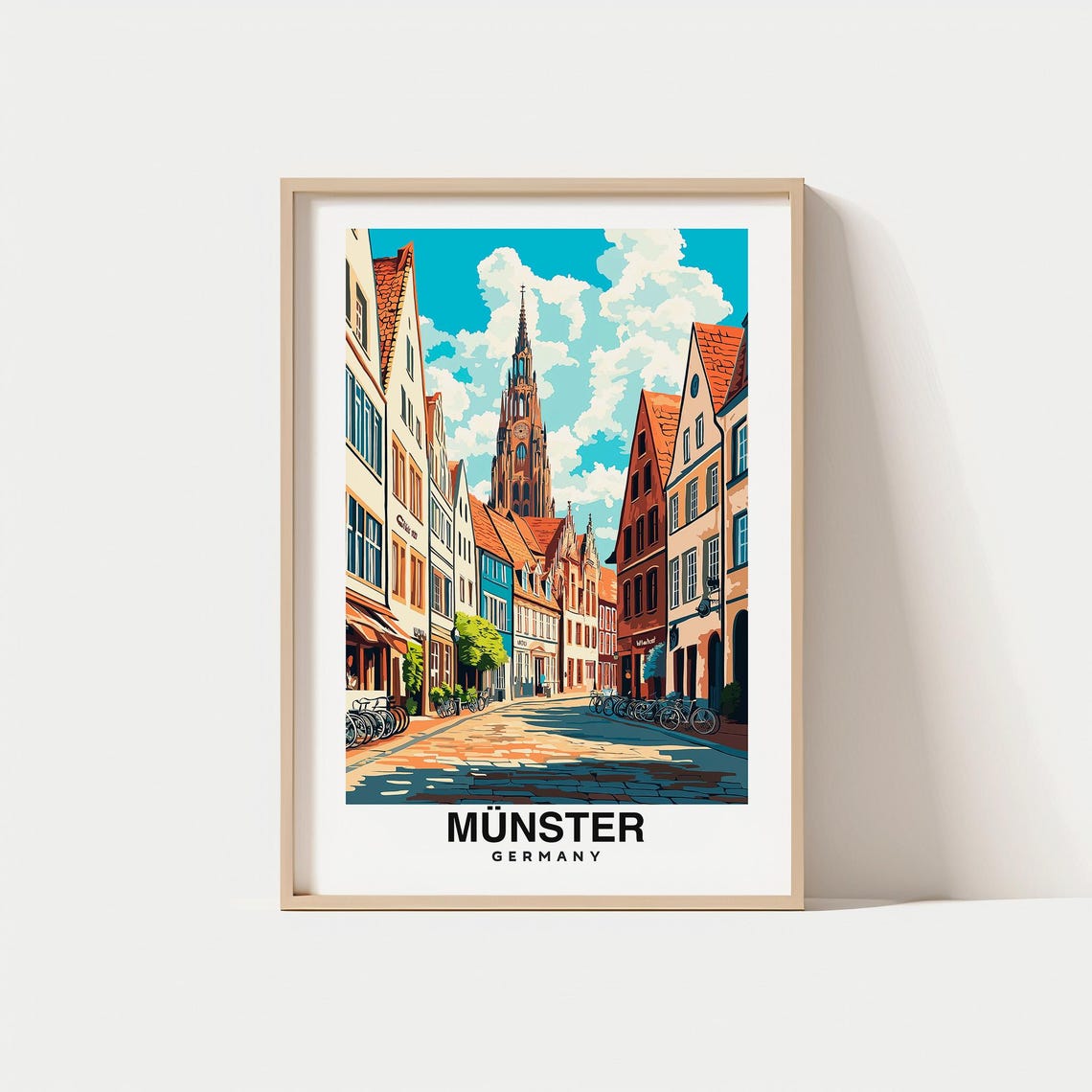 Munster Germany Old Town Cobblestone Street Vintage Travel Poster