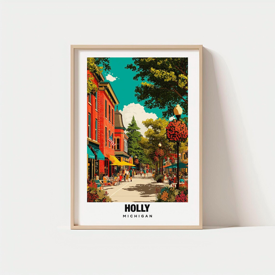 Holly Michigan Main Street Flags Flower Baskets Travel Poster