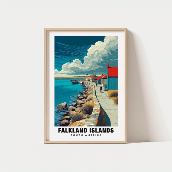 Falkland Islands Colorful Harbor Fishing Boats Retro Travel Poster