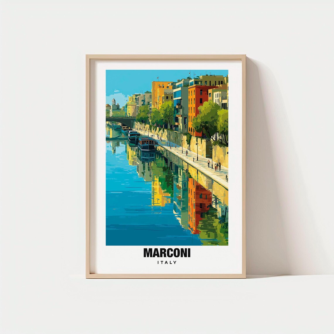 Marconi Italy Canal Colorful Buildings Reflections Boats Travel Poster