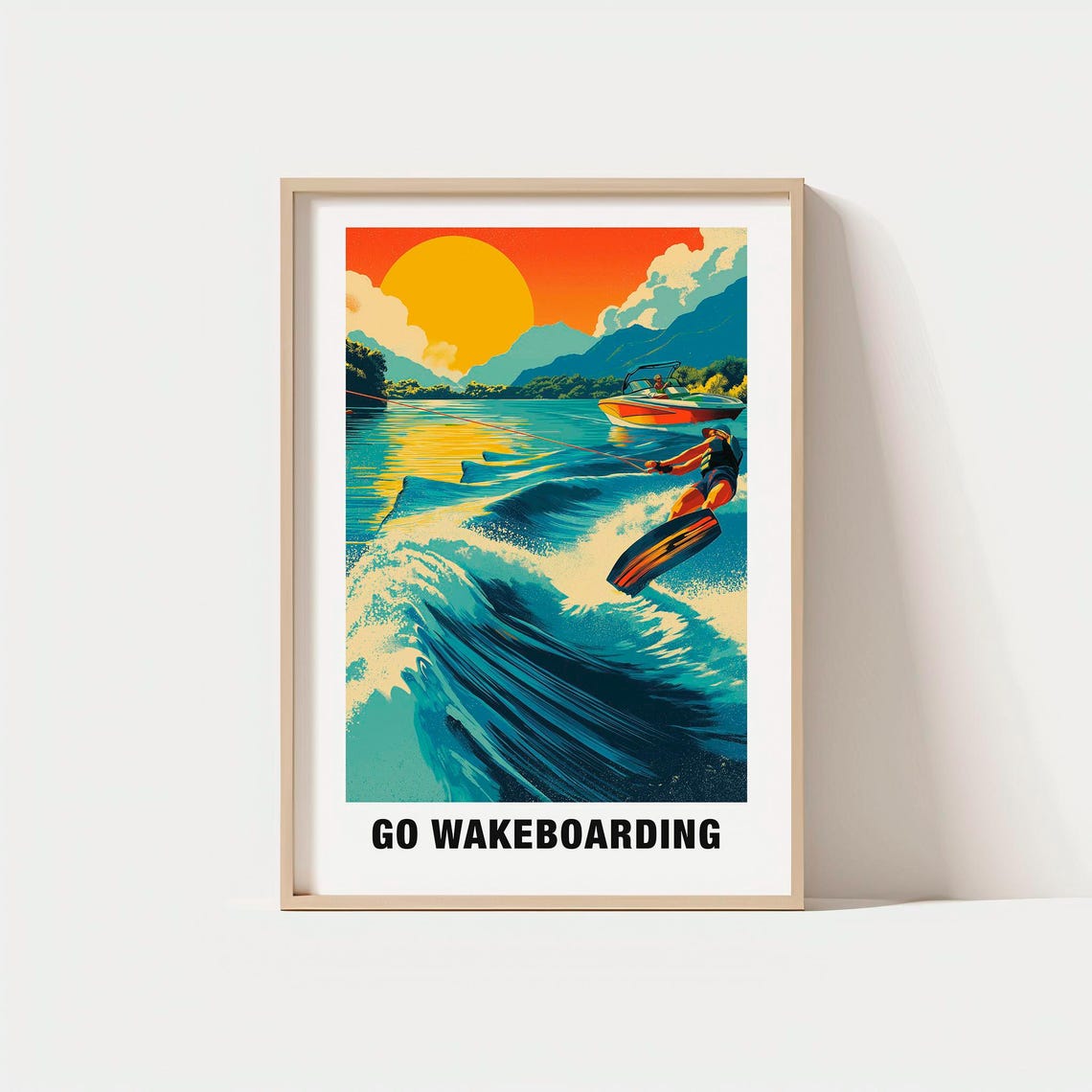 Go Wakeboarding Sunset Lake Water Sports Boat Spray Wall Art